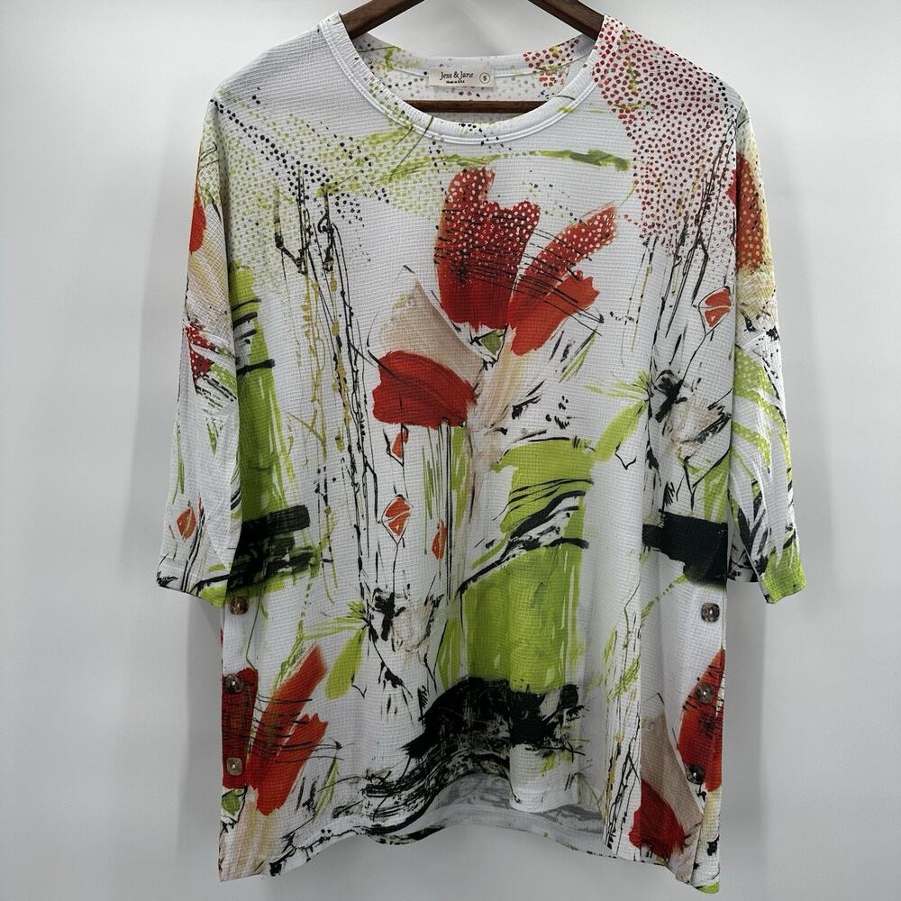 Jess Jane Top Shirt Womens Small White Multicolor Floral Boxy Art To Wear Garden